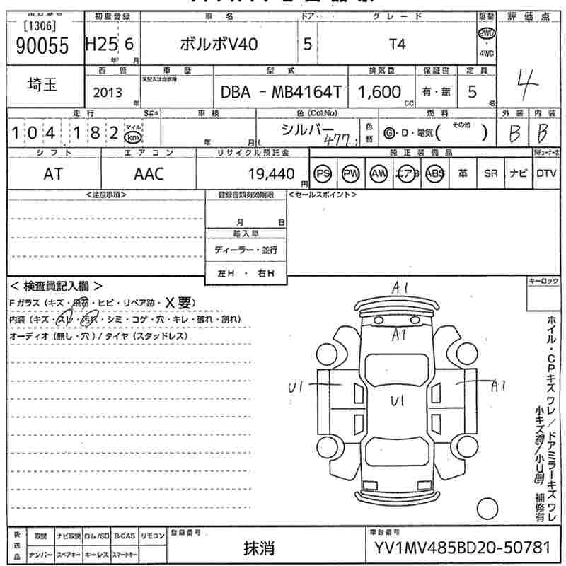 Аукционный лист VOLVO V40 2013