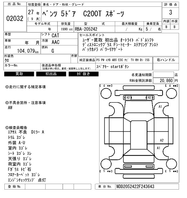 Аукционный лист MERCEDES BENZ C CLASS WAGON 2015