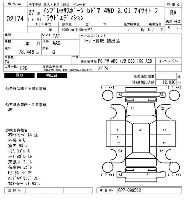Аукционный лист SUBARU IMPREZA 2015