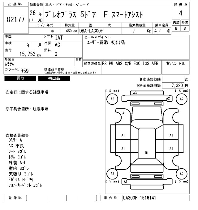 Аукционный лист SUBARU PLEO PLUS 2014