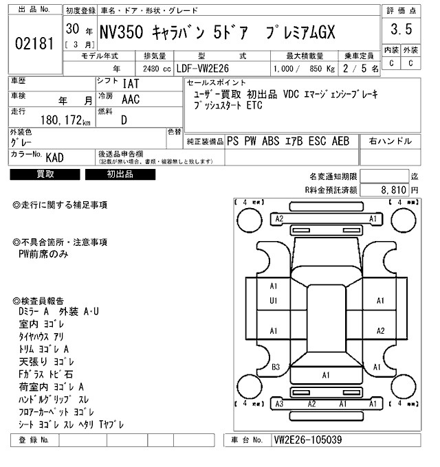 Аукционный лист NISSAN CARAVAN VAN 2018