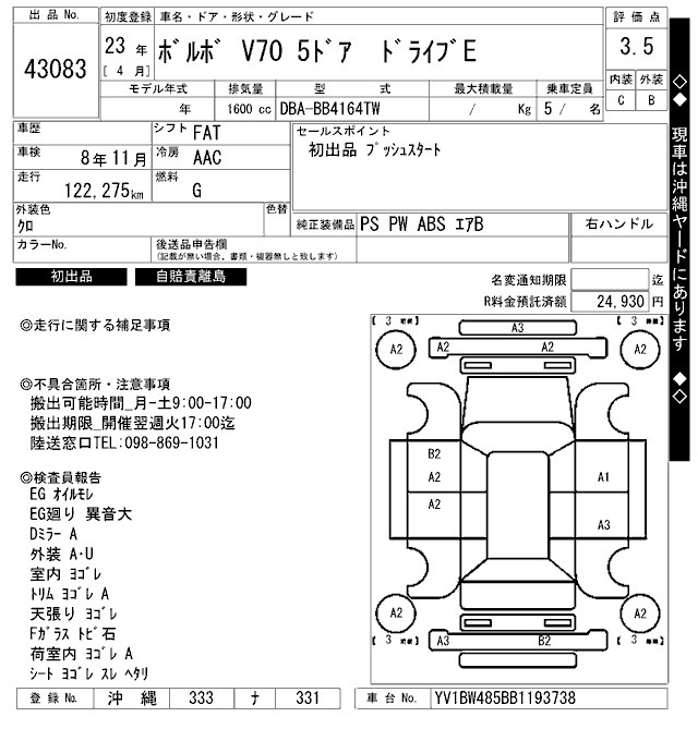 Аукционный лист VOLVO V70 2011