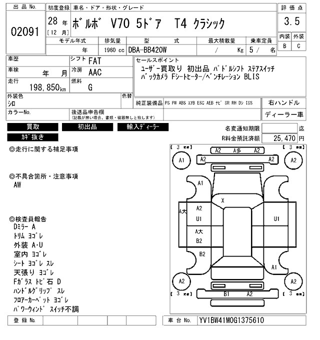 Аукционный лист VOLVO V70 2016