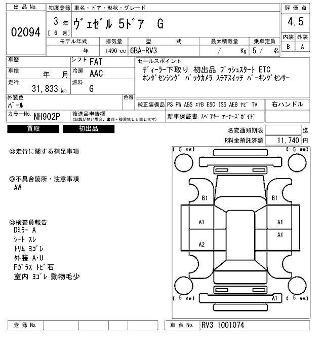 Аукционный лист HONDA VEZEL 2021