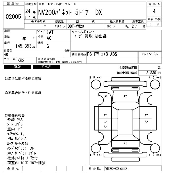 Аукционный лист NISSAN NV200 2012