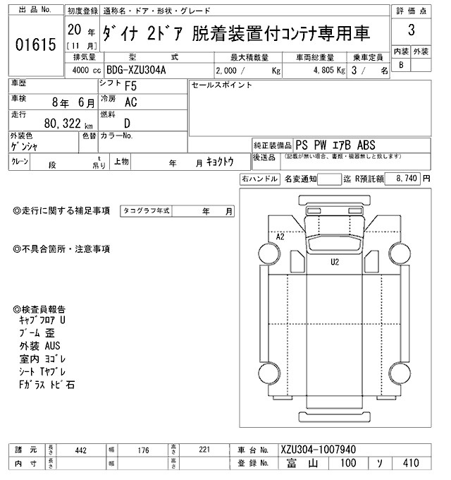 Аукционный лист TOYOTA DYNA 2008