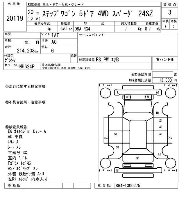 Аукционный лист HONDA STEP WAGON 2008