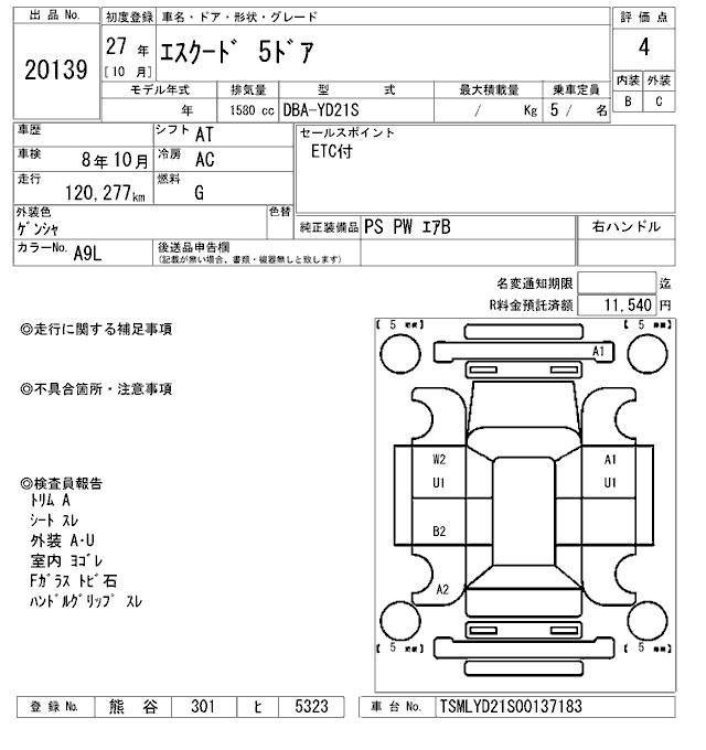 Аукционный лист SUZUKI ESCUDO 2015