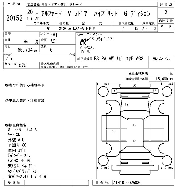 Аукционный лист TOYOTA ALPHARD 2008