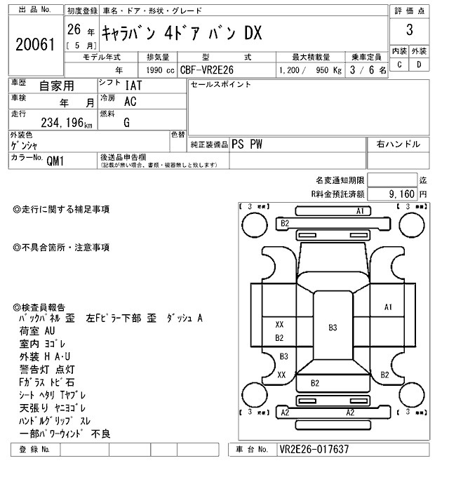 Аукционный лист NISSAN CARAVAN VAN 2014