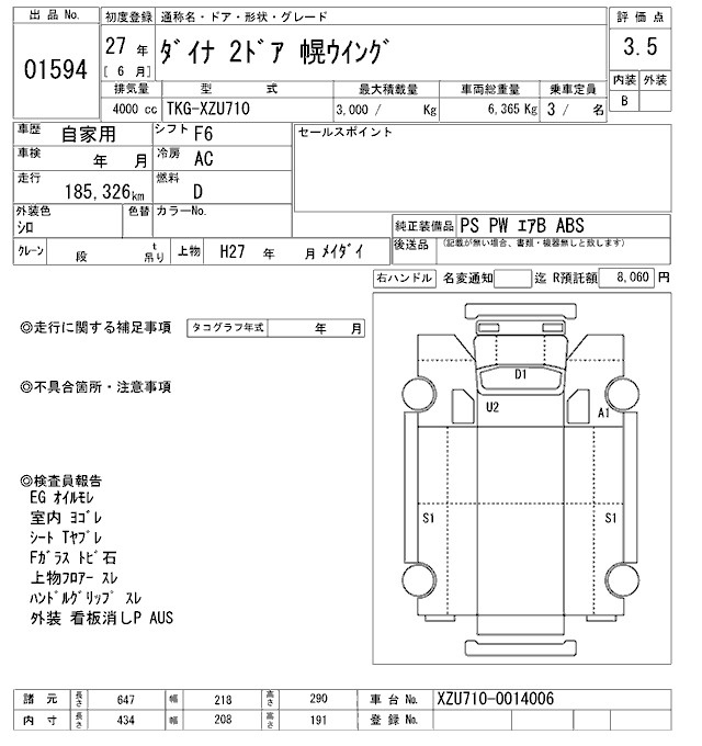 Аукционный лист TOYOTA DYNA 2015