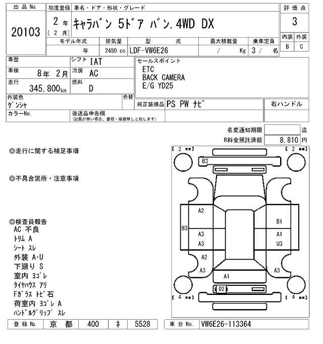 Аукционный лист NISSAN CARAVAN VAN 2020