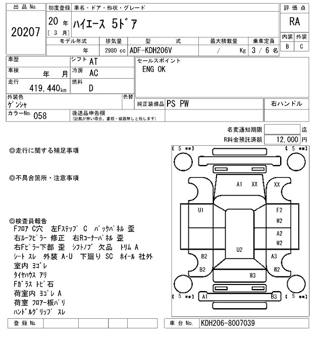 Аукционный лист TOYOTA HIACE VAN 2008