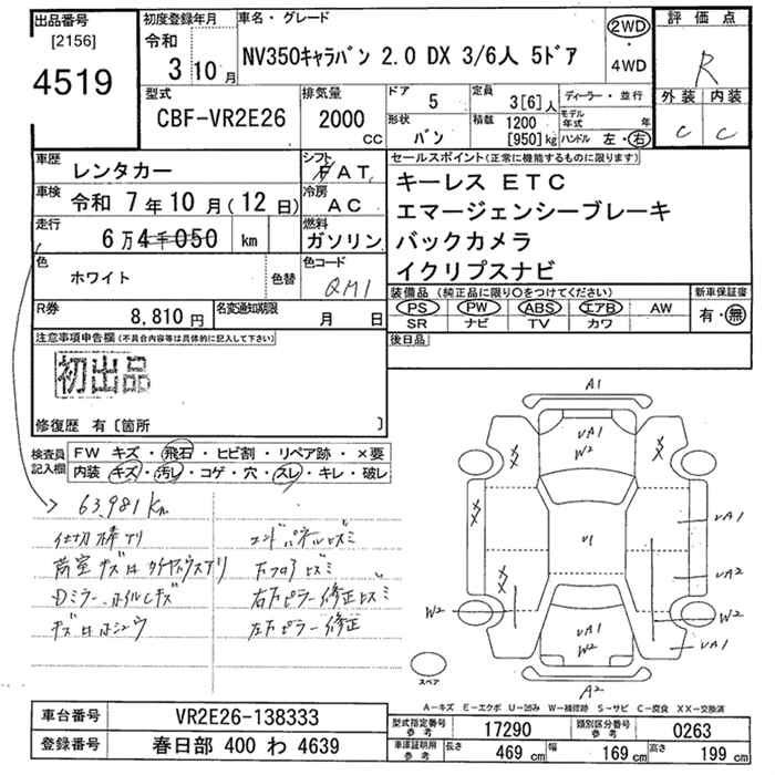 Аукционный лист NISSAN CARAVAN VAN 2021