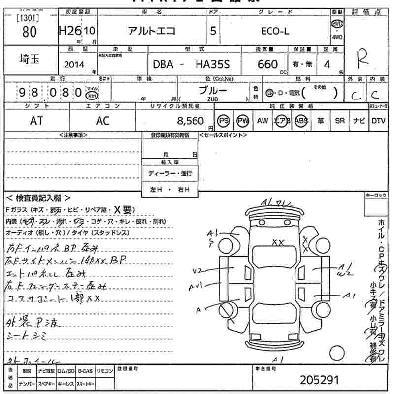 Аукционный лист SUZUKI ALTO ECO 2014