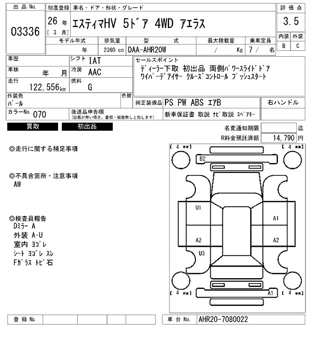 Аукционный лист TOYOTA ESTIMA HYBRID 2014