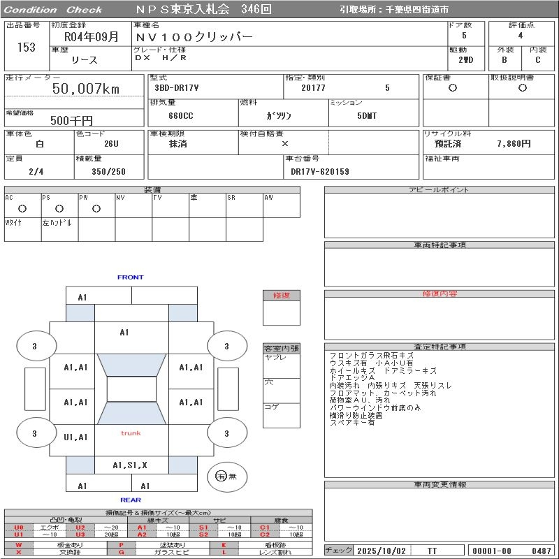 Аукционный лист NISSAN CLIPPER VAN 2022