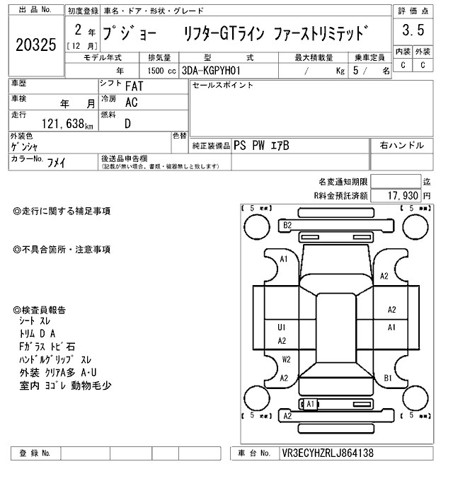 Аукционный лист PEUGEOT OTHER 2020