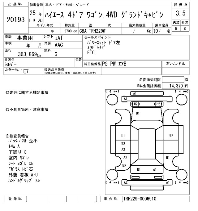Аукционный лист TOYOTA HIACE 2013