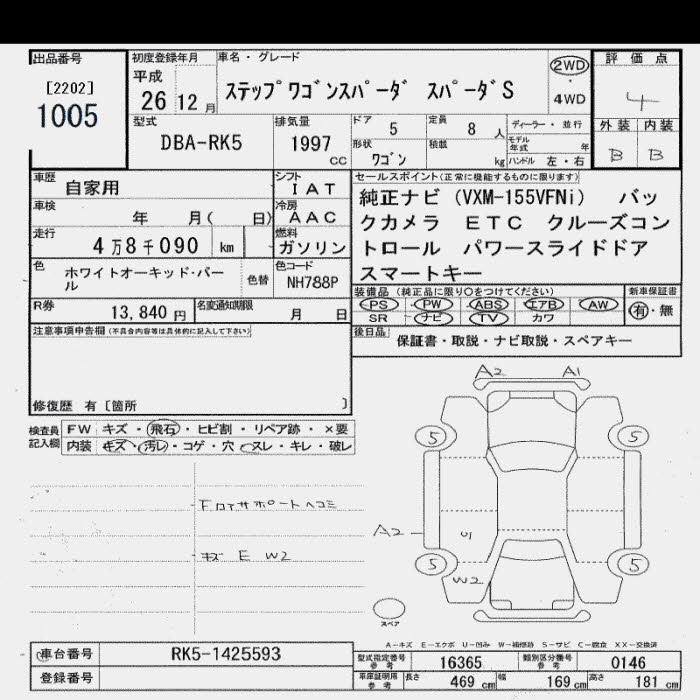 Аукционный лист HONDA STEP WAGON 2014