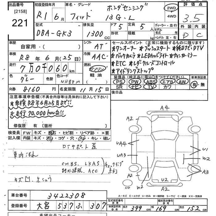 Аукционный лист HONDA FIT 2019