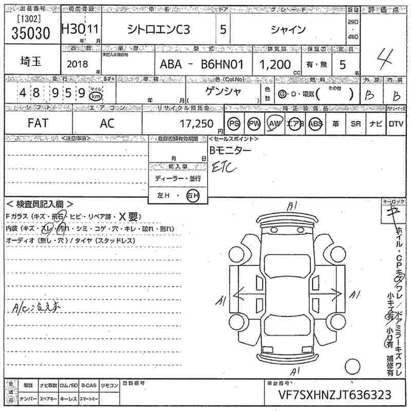 Аукционный лист CITROEN C3 2018