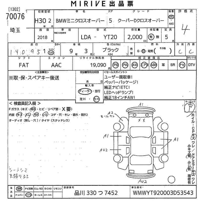 Аукционный лист BMW MINI 2018