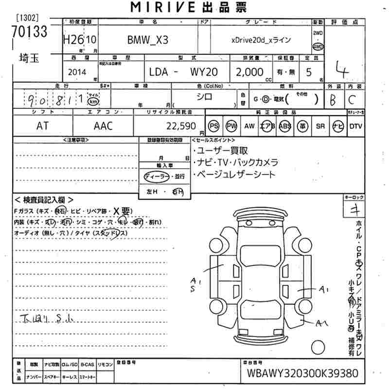 Аукционный лист BMW X3 2014