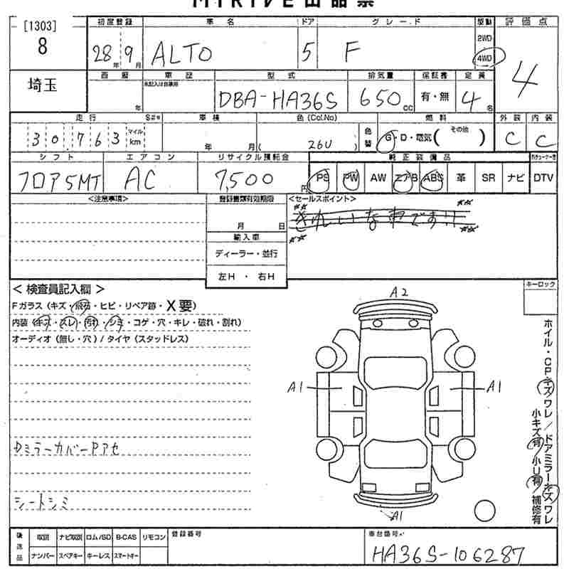 Аукционный лист SUZUKI ALTO 2016