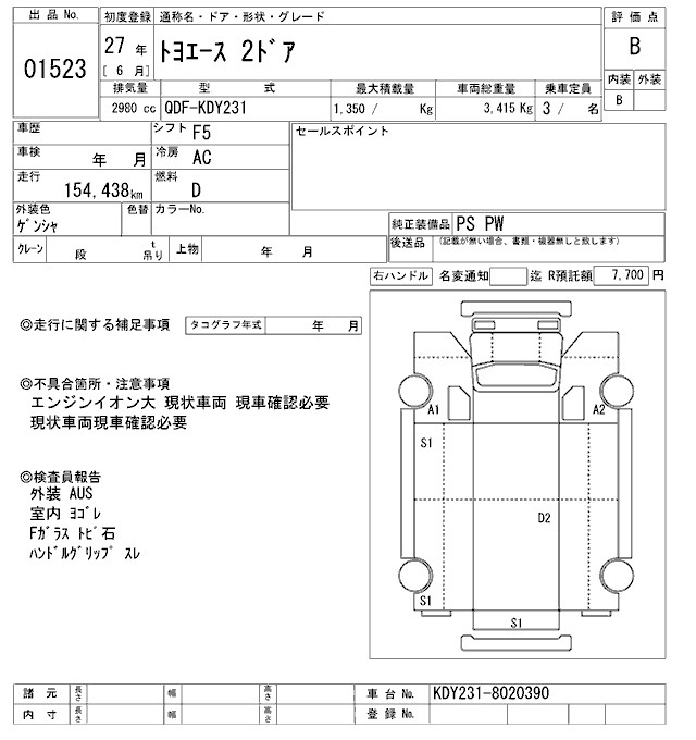 Аукционный лист TOYOTA TOYOACE 2015