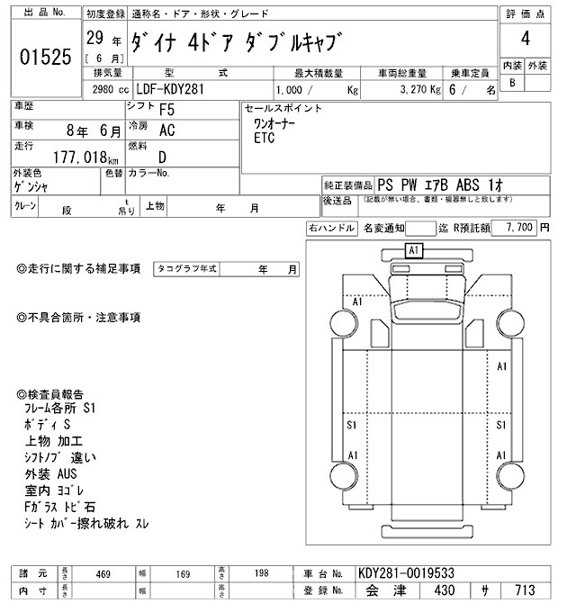 Аукционный лист TOYOTA DYNA 2017