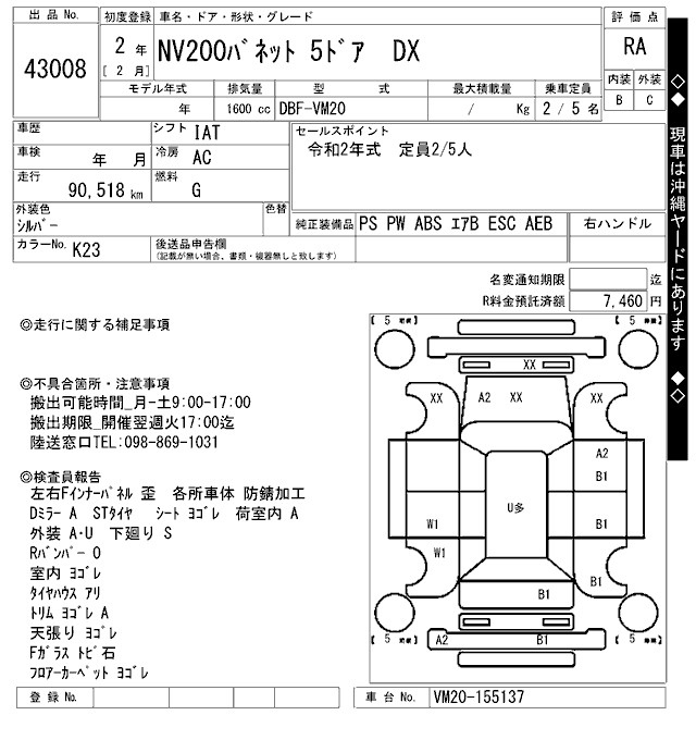 Аукционный лист NISSAN NV200 2020