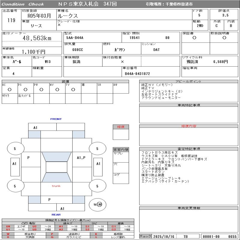 Аукционный лист NISSAN ROOX 2023