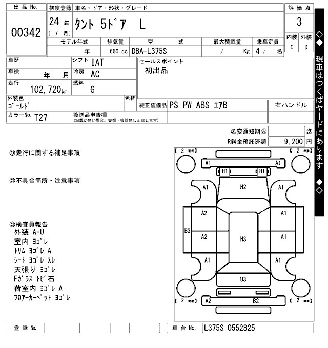 Аукционный лист DAIHATSU TANTO 2012