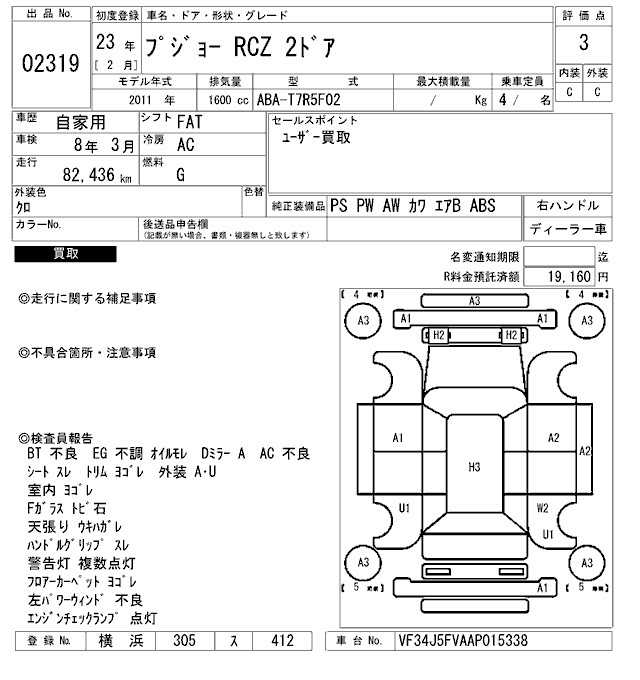 Аукционный лист PEUGEOT RCZ 2011