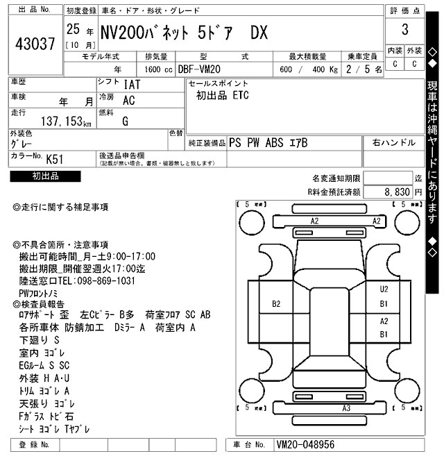 Аукционный лист NISSAN NV200 2013