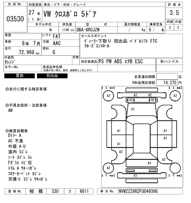 Аукционный лист VOLKSWAGEN CROSS POLO 2015