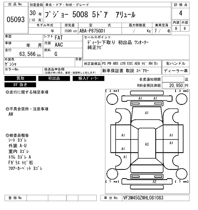 Аукционный лист PEUGEOT 5008 2018