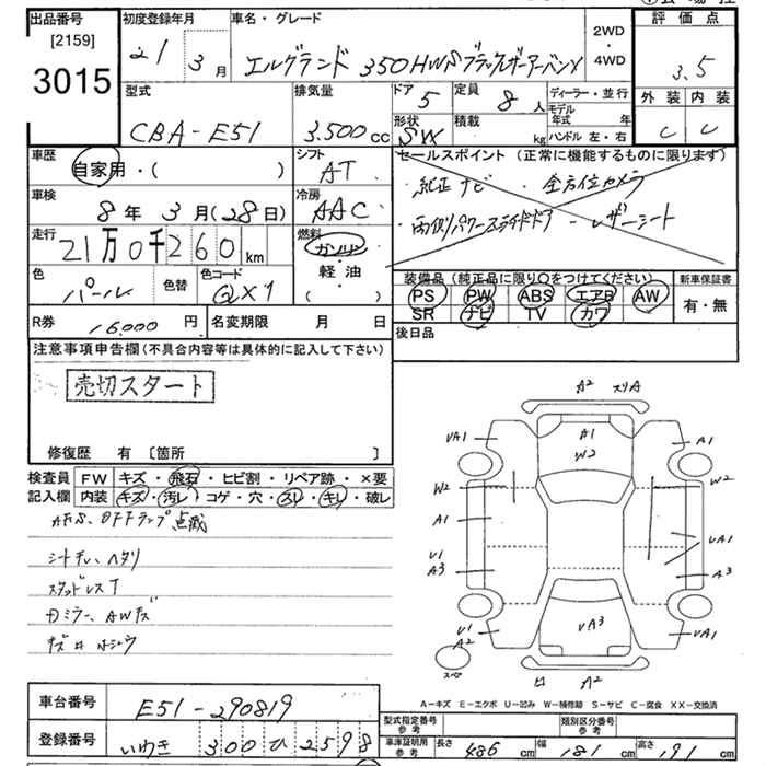 Аукционный лист NISSAN ELGRAND 2009