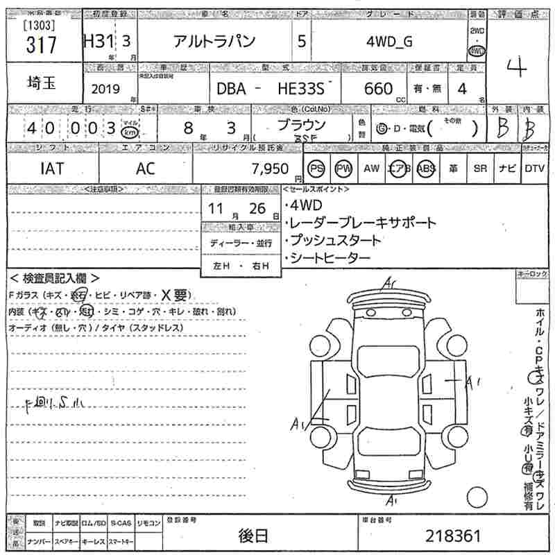 Аукционный лист SUZUKI ALTO LAPIN 2019