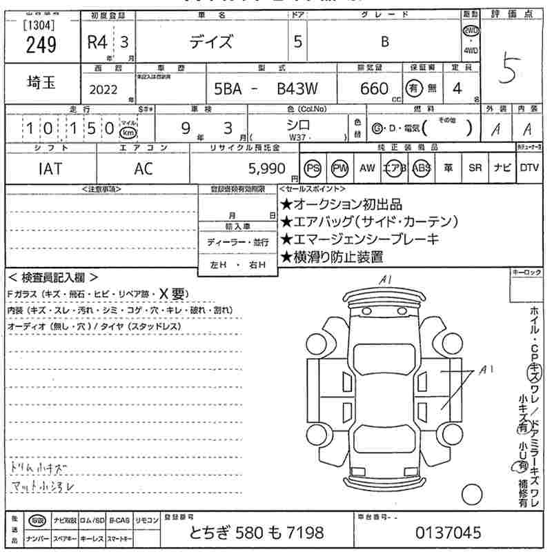 Аукционный лист NISSAN DAYZ 2022