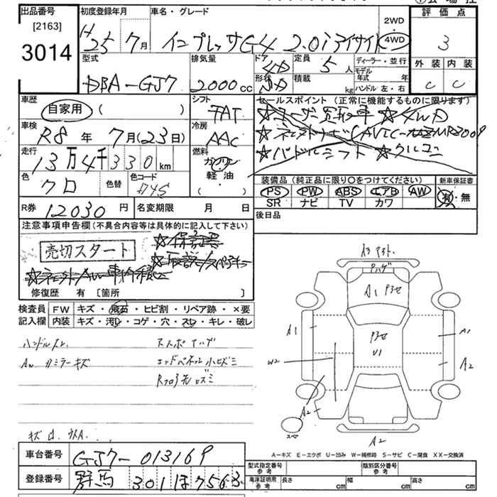 Аукционный лист SUBARU IMPREZA G4 2013