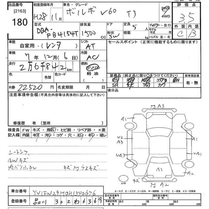 Аукционный лист VOLVO V60 2016