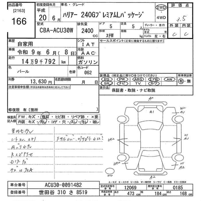Аукционный лист TOYOTA HARRIER 2008