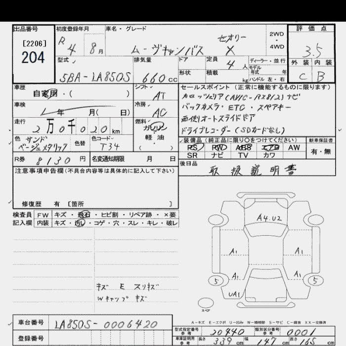 Аукционный лист DAIHATSU MOVE CANBUS 2022