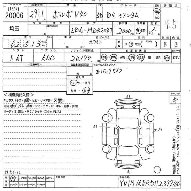 Аукционный лист VOLVO V40 2017
