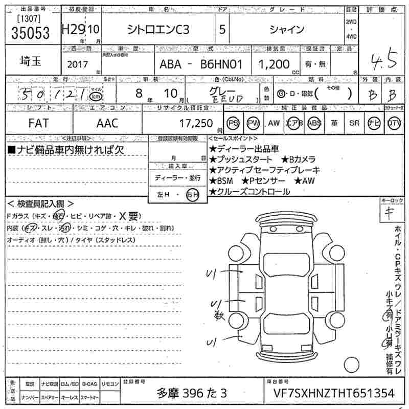 Аукционный лист CITROEN C3 2017
