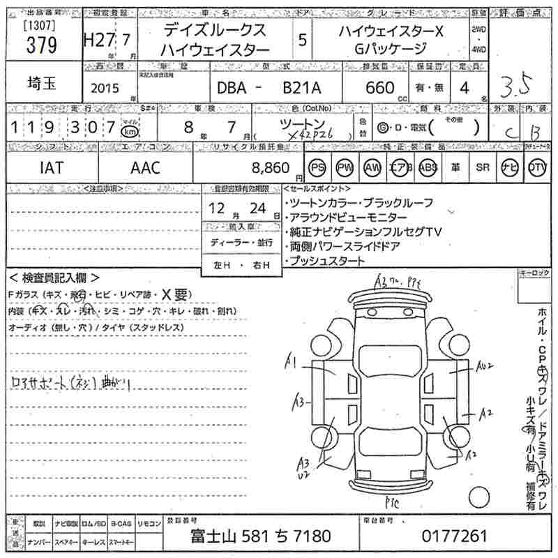 Аукционный лист NISSAN DAYZ ROOX 2015