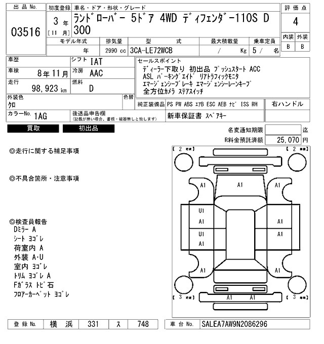 Аукционный лист ROVER DEFENDER 2021