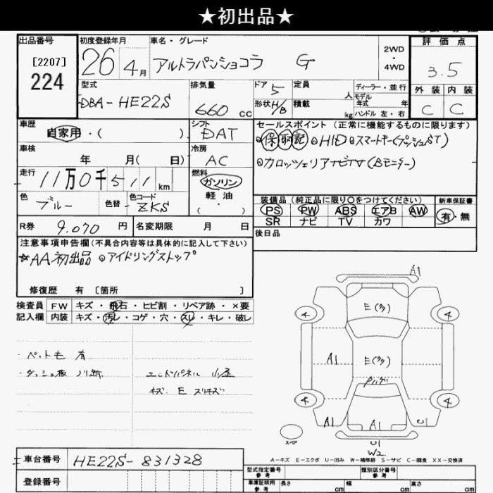 Аукционный лист SUZUKI ALTO LAPIN 2014